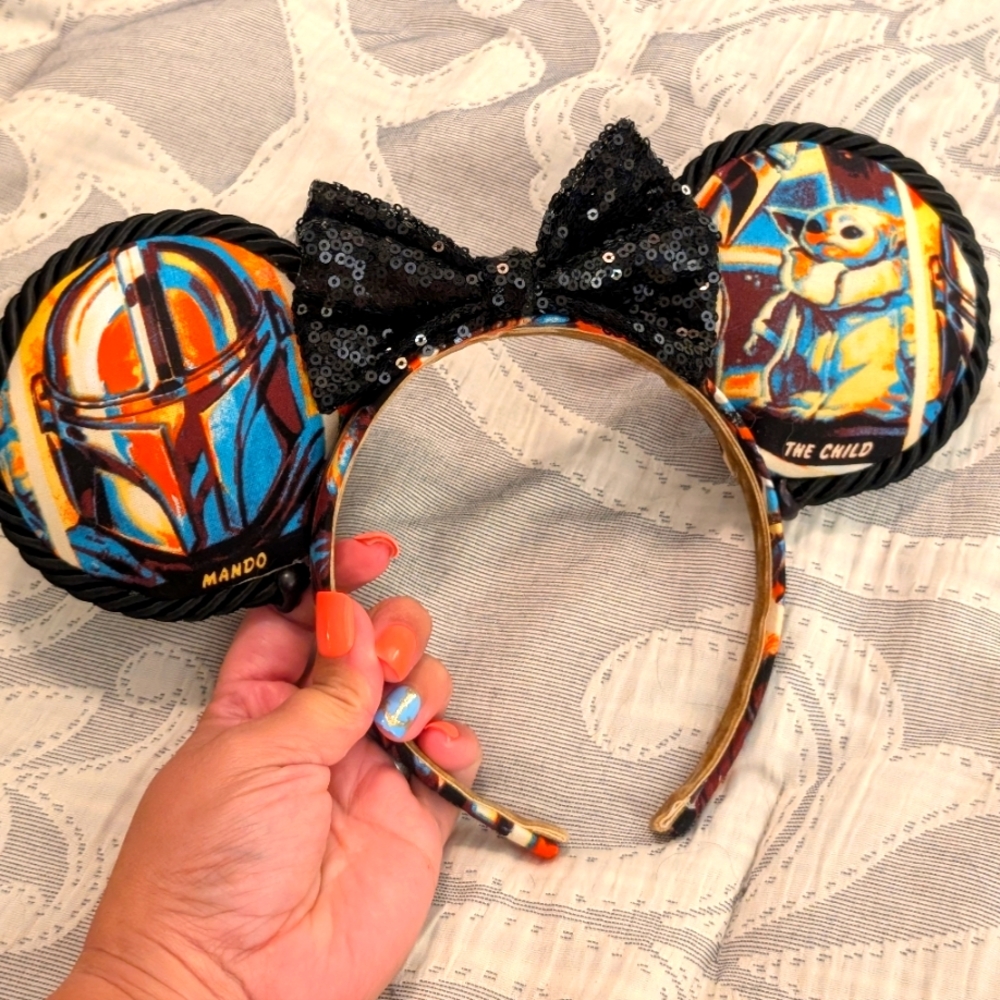 Custom made Disney Inspired Mandalorian Headband with Black Sequin Bow